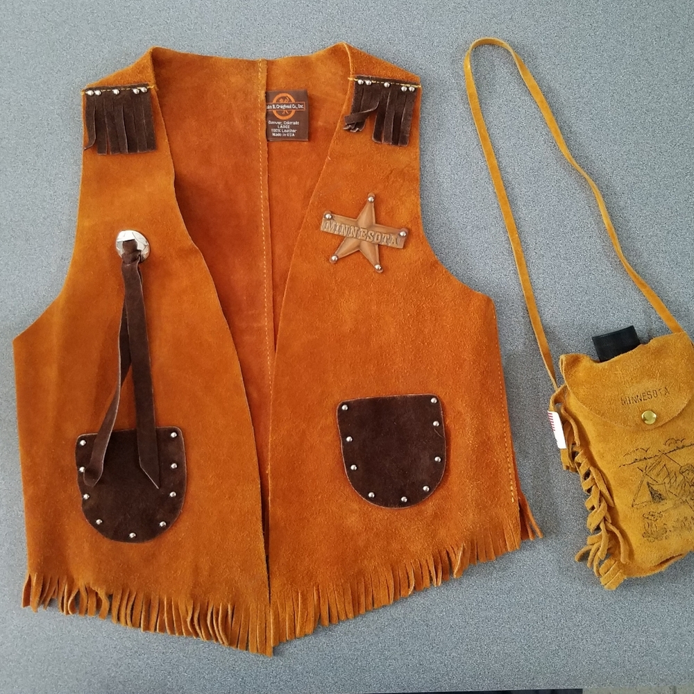 Kids Childs Suede Western fringe Vest and canteen